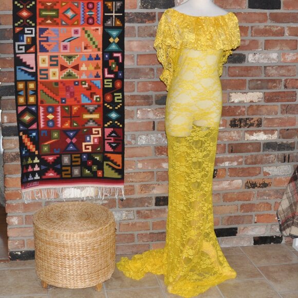 Sheer Lace Stretch Ruffle Open Back Bodycon Dress Clubwear Long Train Gown Party - Picture 9 of 12